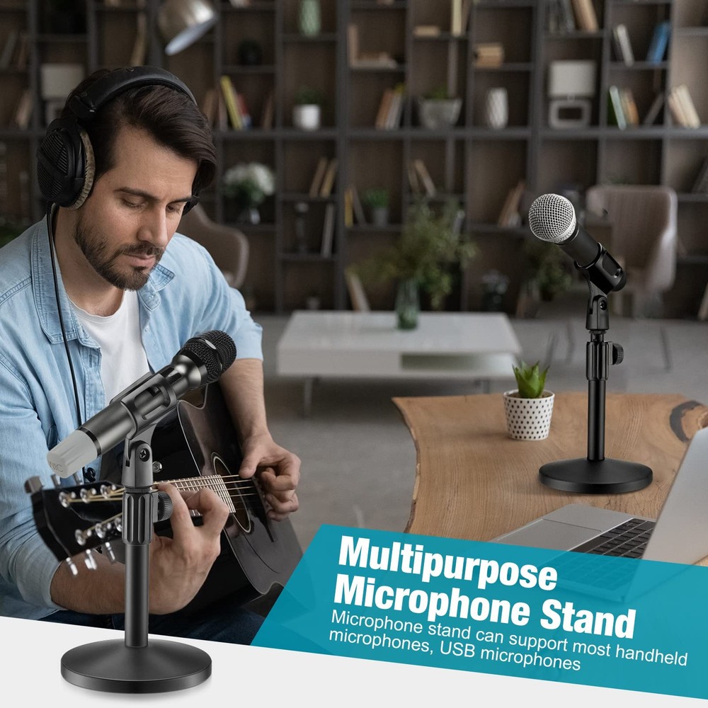 2 PCS Adjustable Desktop Microphone Stand with Mic Clip Round Metal Base
