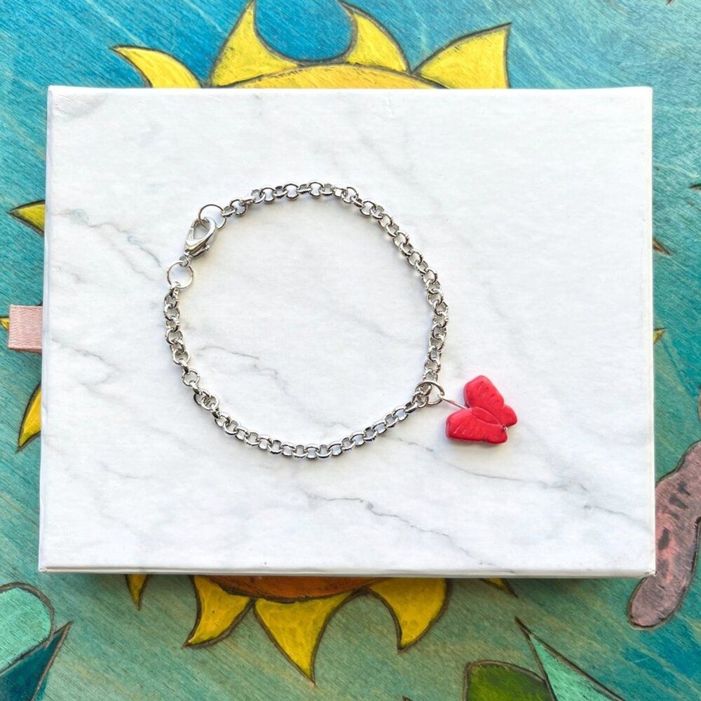 Red Butterfly Charm Silver Chain Bracelet