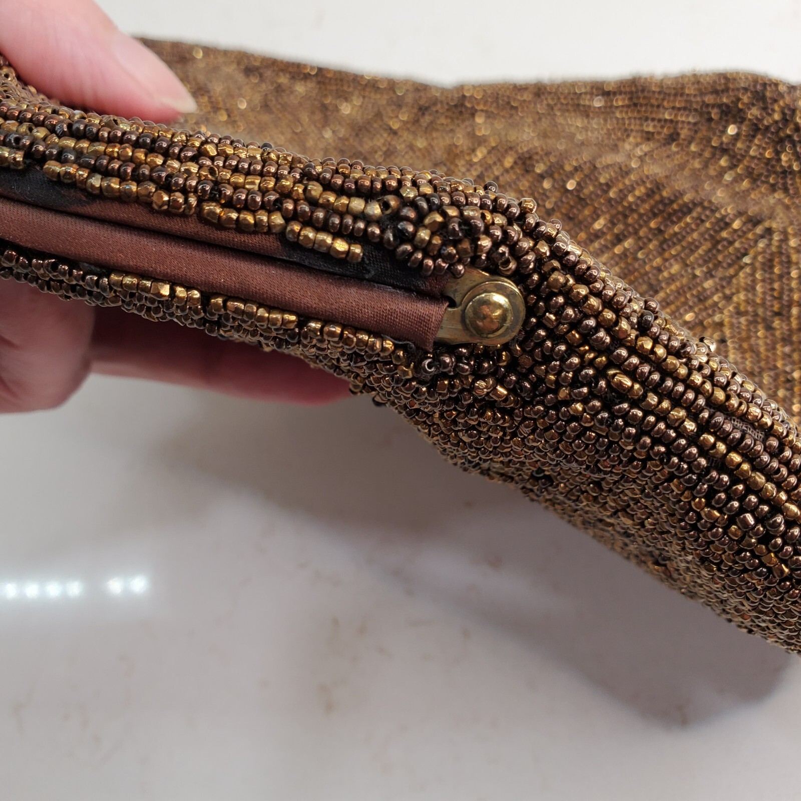 Joseph Horne Pittsburgh Belgium Brown Beaded Evening Bag Handle Twist Top Lock