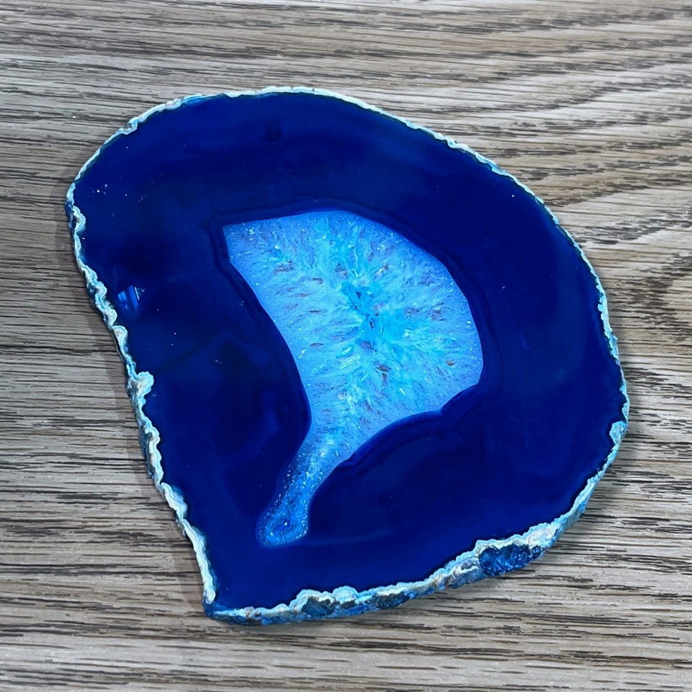 Blue Agate Slice Natural Stone Geode Coaster Polished Crystal Decor 5in