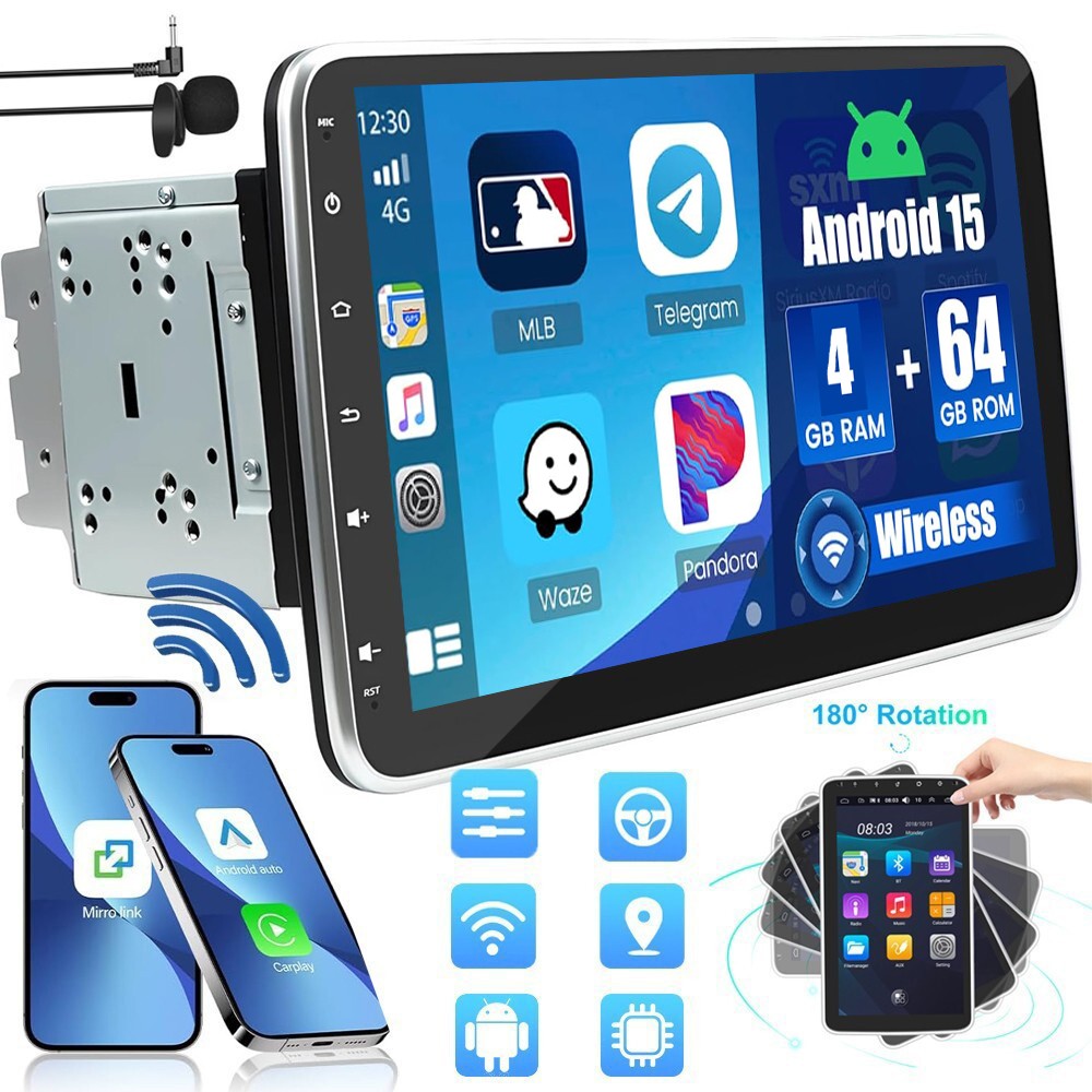 10.1'' Android 15 Rotatable GPS Car Stereo Radio Double 2 DIN Touch Screen Dash