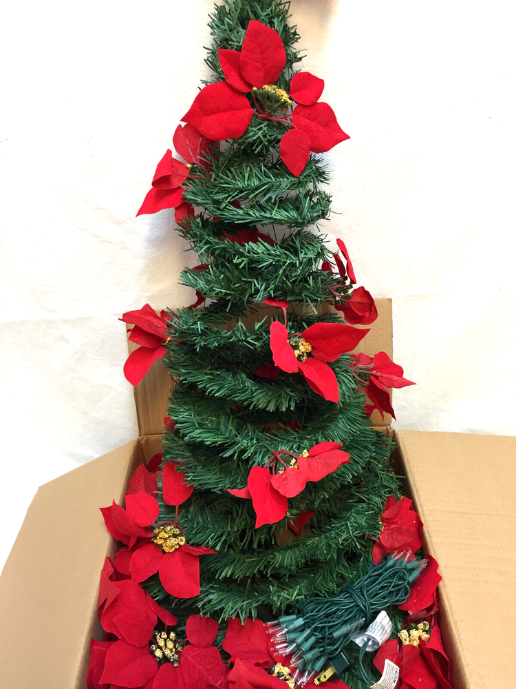 4 Ft Tree Red Pointsettia Lighted Pull Up Collapsible Base Lights Table Top NIP