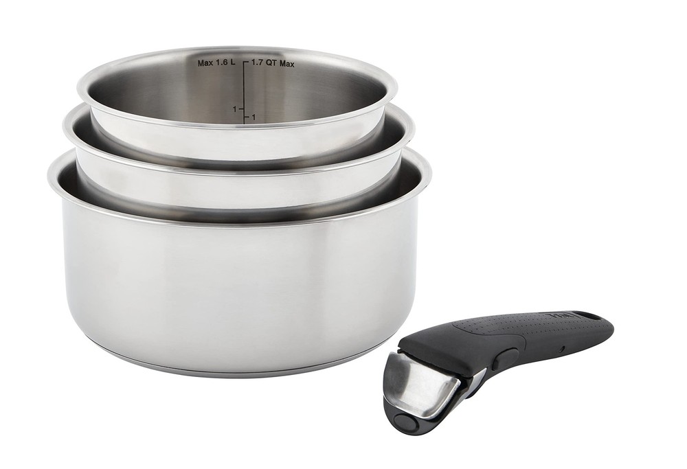 4 Piece Silver Stackable Cookware Set with Removable Handle Induction Safe