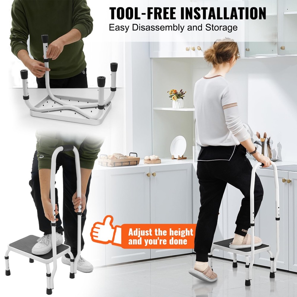 Step Stool 1Step 330lbs Capacity, 3 Adjustable Height with Handle Steel Step ...