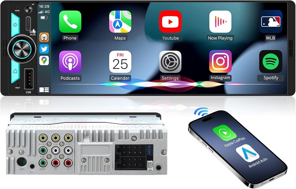 AKAMATE Wireless Single Din CarPlay Stereo: 6.5 Inch Wireless Android Auto
