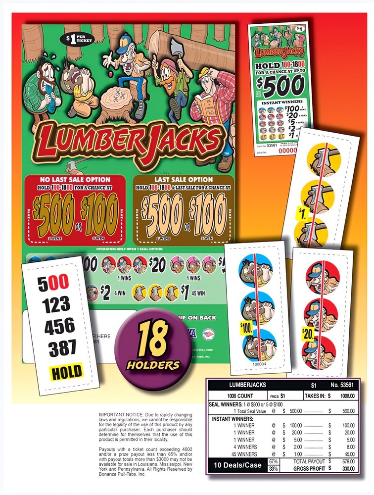 Pull Tab Tickets - Hard Card - Game - Holder - Lumberjacks - 1,008 ct