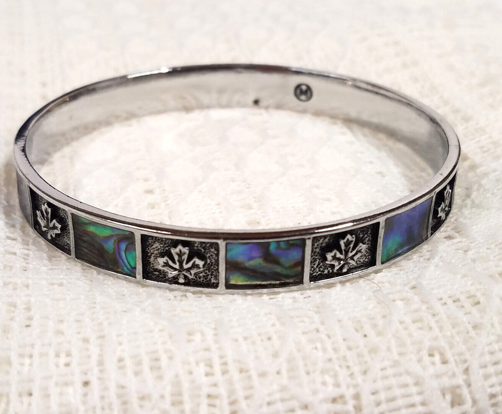 Vintage Signed M Bangle Abalone Shell Inlay Silver Tone Maple Canada Leaf 2-1/2"