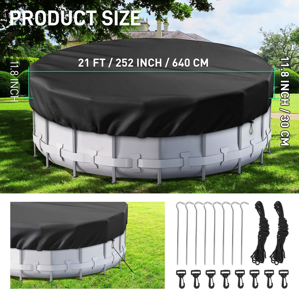 Windproof Circular Pool Cover with Accessories For Ground Pool 21Ft Diameter
