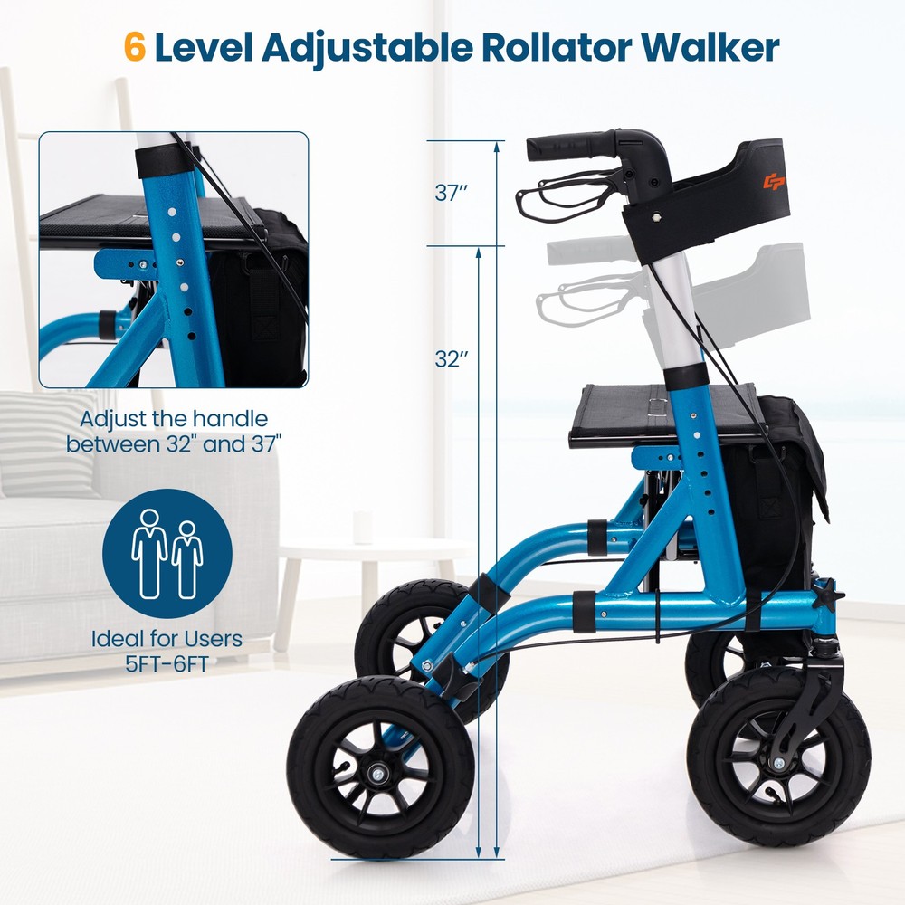 Foldable Height Adjustable Rollator Walker with Seat, Storage Bag for Seniors