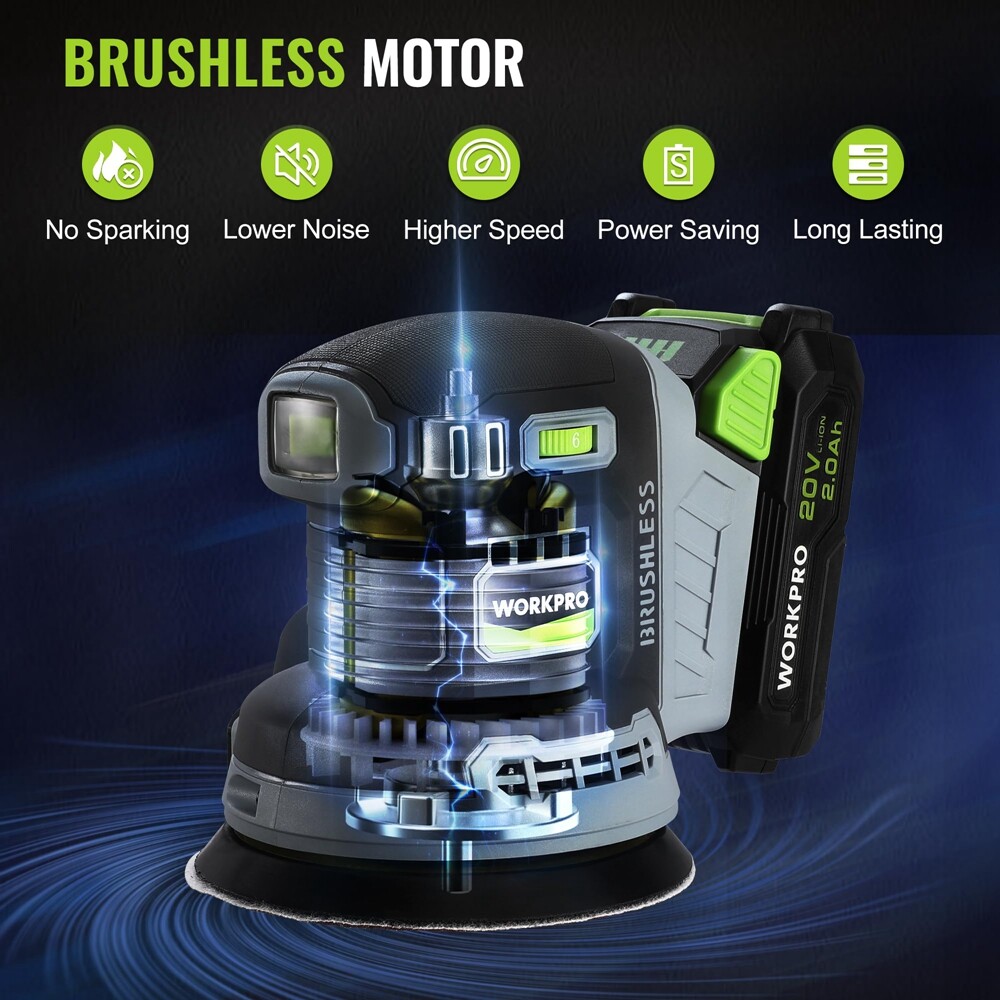 WORKPRO Cordless Brushless Random Orbital Sander 6 Variable Speed 6000-12000 OPM