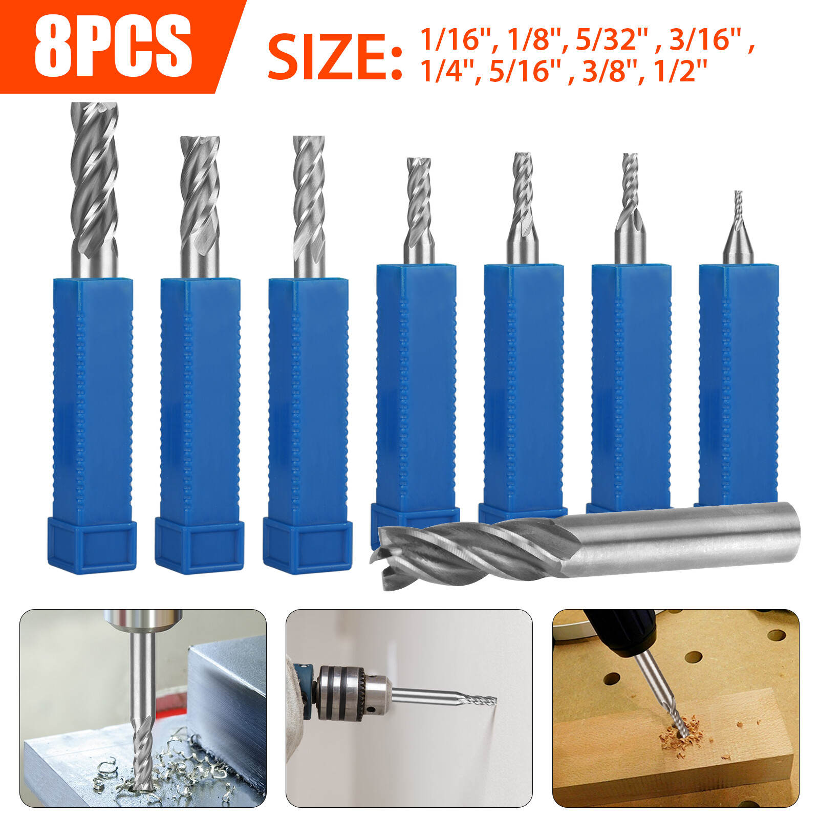8Pcs 4 Flute Solid End Milling Cutter Drills Bits 1/16"-1/2" HSS Slot Tool Set