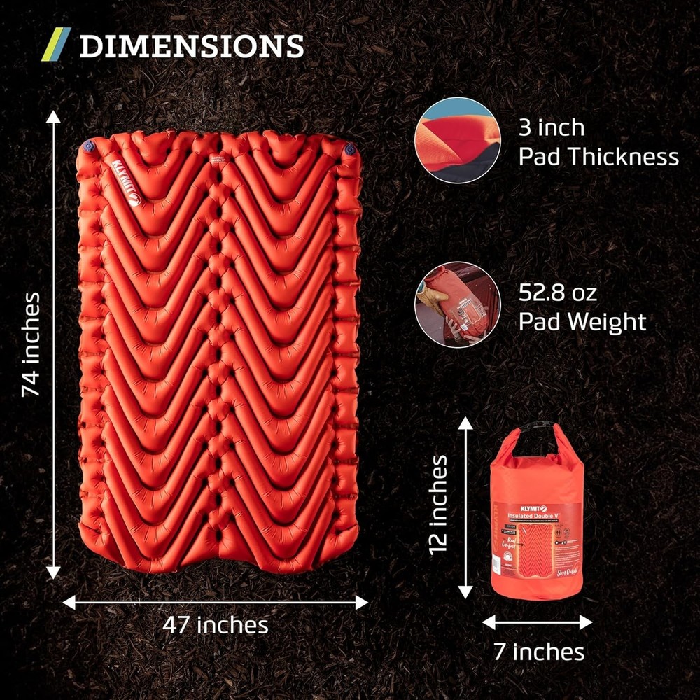 Klymit Double V Insulated Inflatable Sleeping Pad for Camping Backpacking
