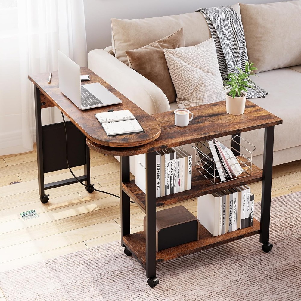 Rotating End Table With Charging Station Sofa Side Table With Extra Storage Bag