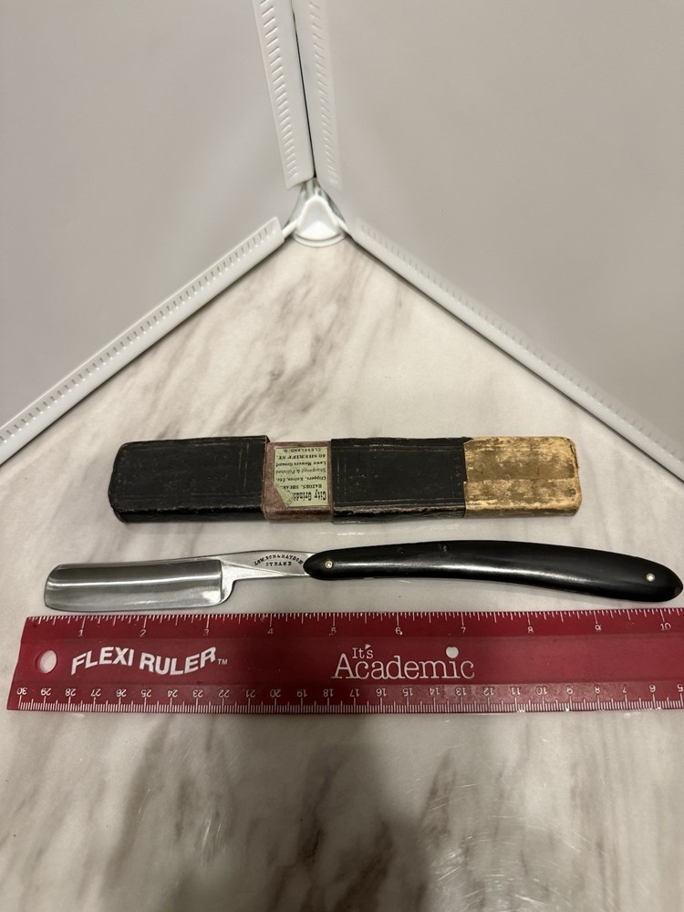Vintage Black Handle Straight Razer With Worn Case