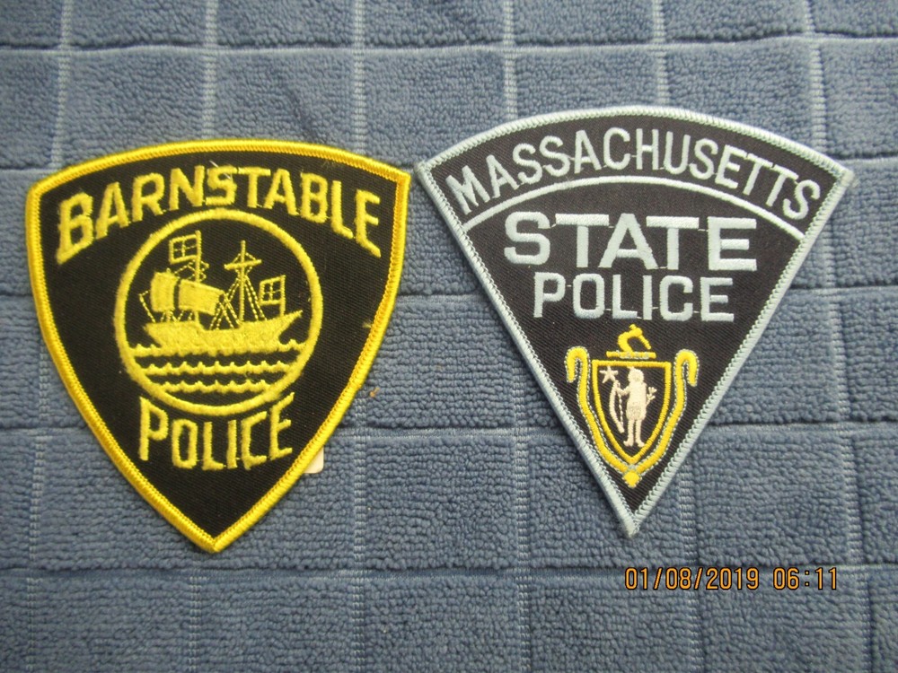 2 massachusetts police patchs 1 state 1barnstable for display only