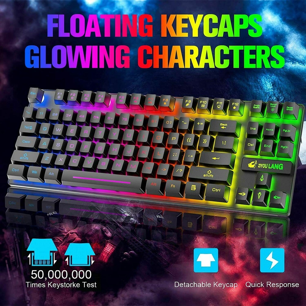 US Rechargeable Wireless Gaming Keyboard Mouse Combo 87 Key Rainbow LED Backlit