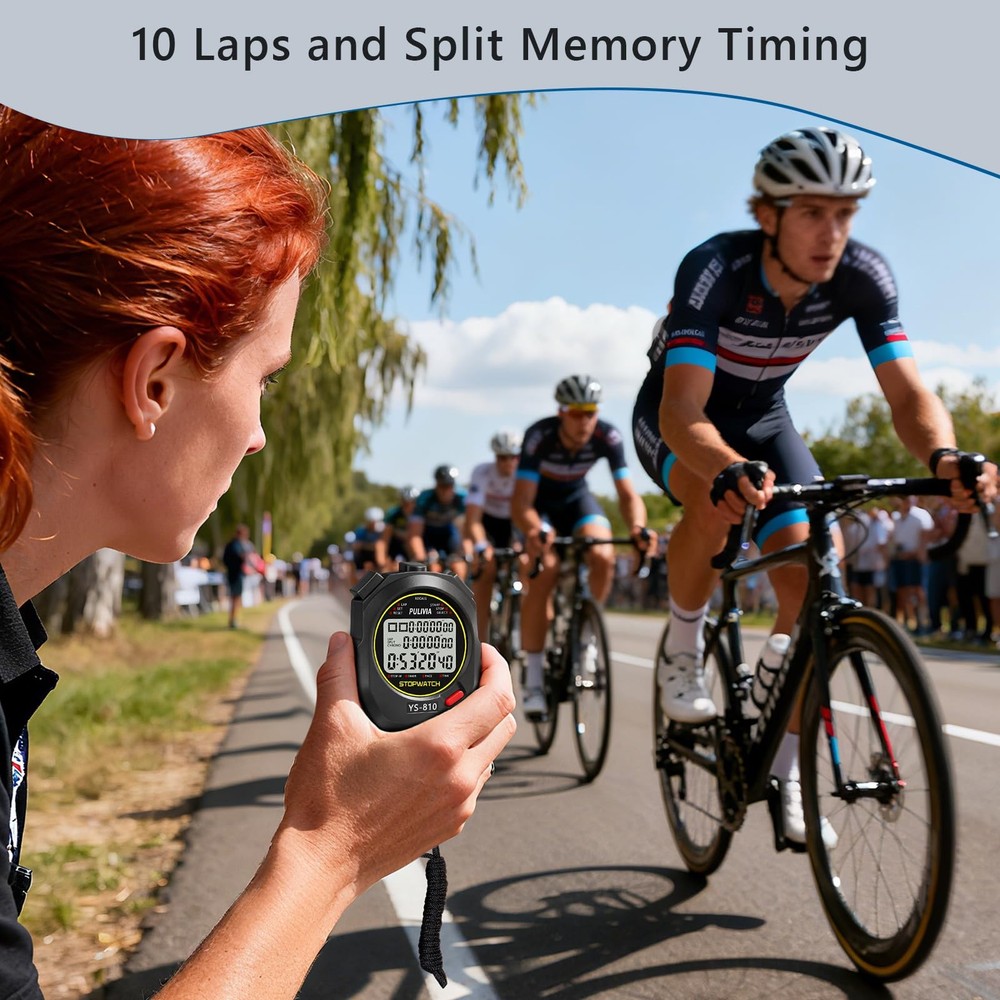 PULIVIA Sports Stopwatch Timer 10 Lap Split Memory 8-10 lap/split, Black