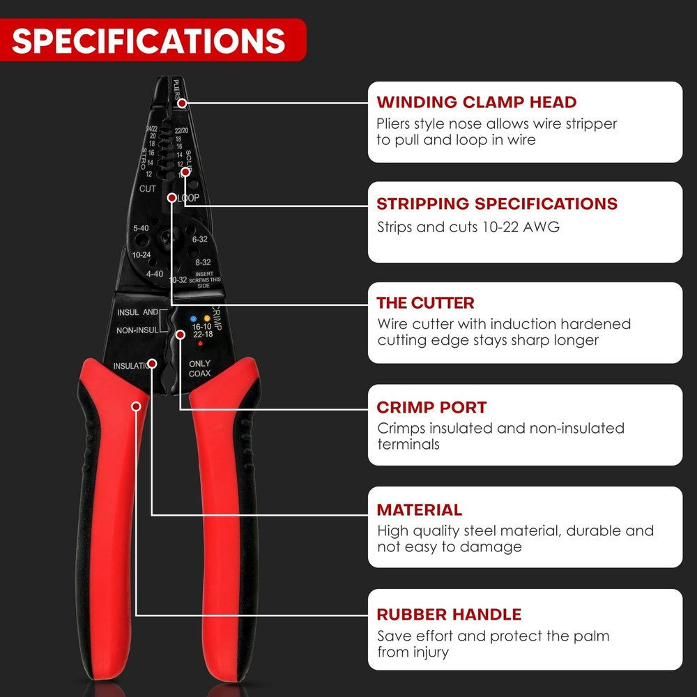 YIYITOOLS Wire Stripper Cutter Stripping Tool - 8 Inch, Red