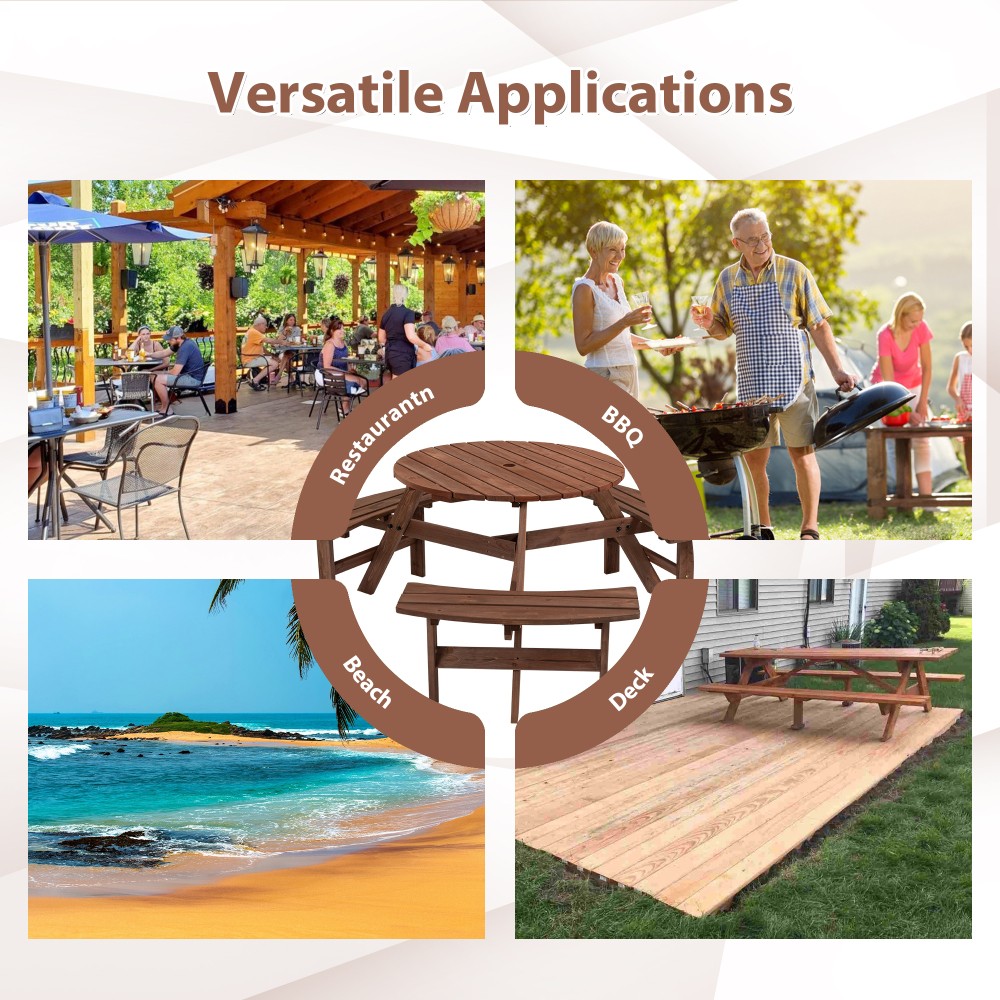 6-Person Outdoor Wooden Picnic Table w/ 3 Built-in Benches, 1720lb Capacity