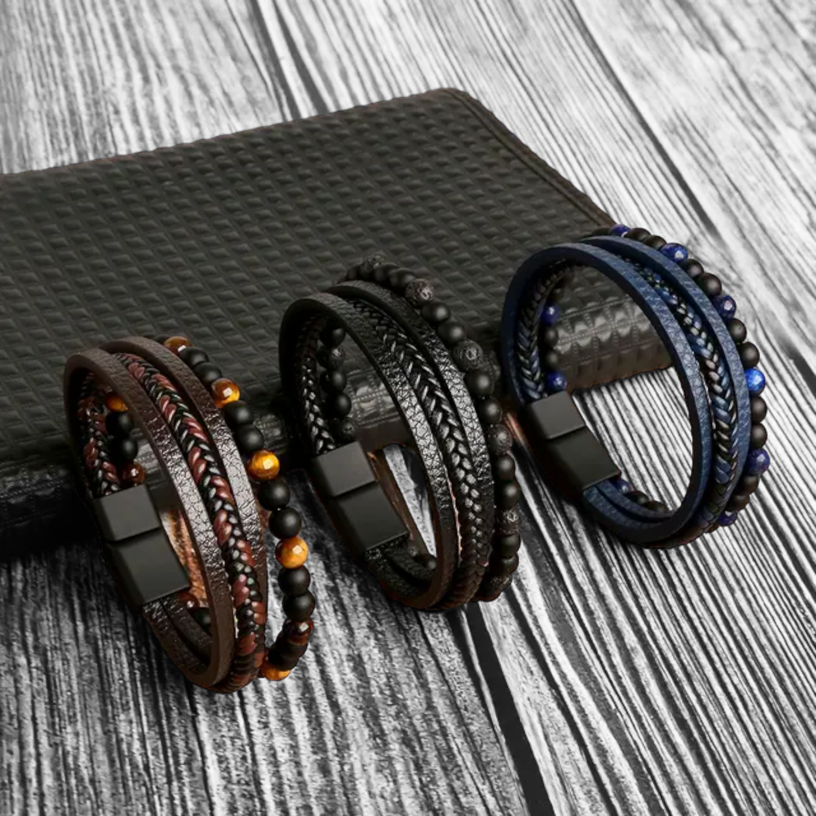 Men's Layered Braided Leather Beaded Bracelet With Tiger Eye, Natural Stone