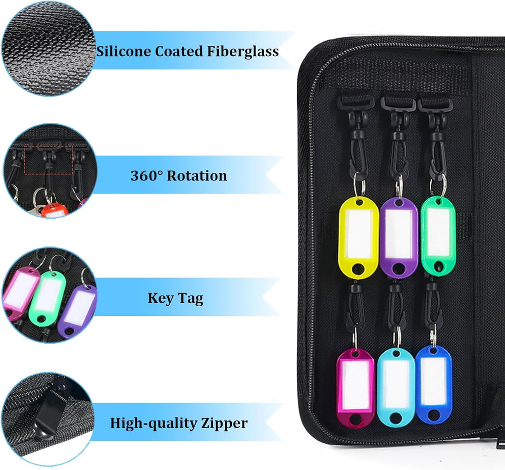 Portable Zippered Key Organizer, Waterproof Fireproof Key Case with 12 Key Hooks
