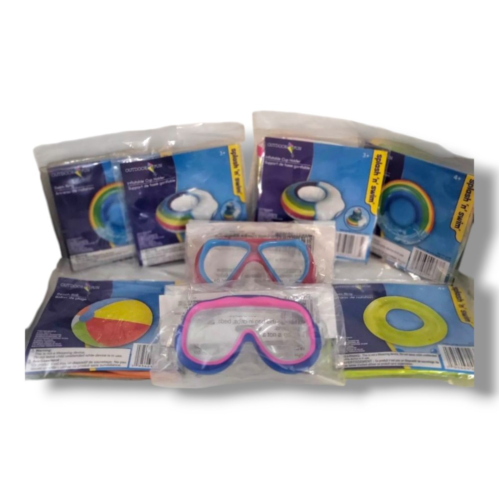 Spring Summer Pool Bundle-Beach Ball, Swim Rings, Floating Cup Holders, Goggles