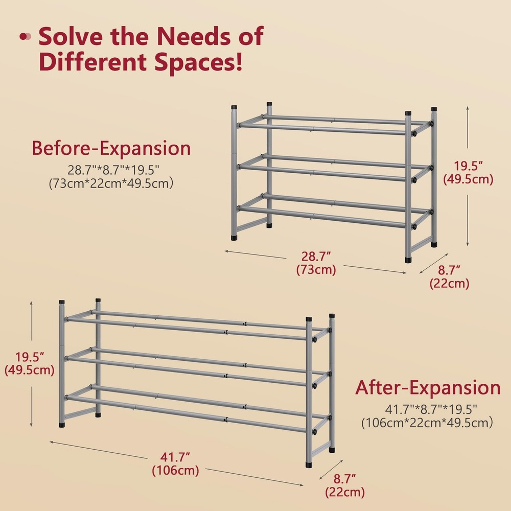 Adjustable 3Tier Expandable Stackable Shoe Rack 2841in Metal Gray
