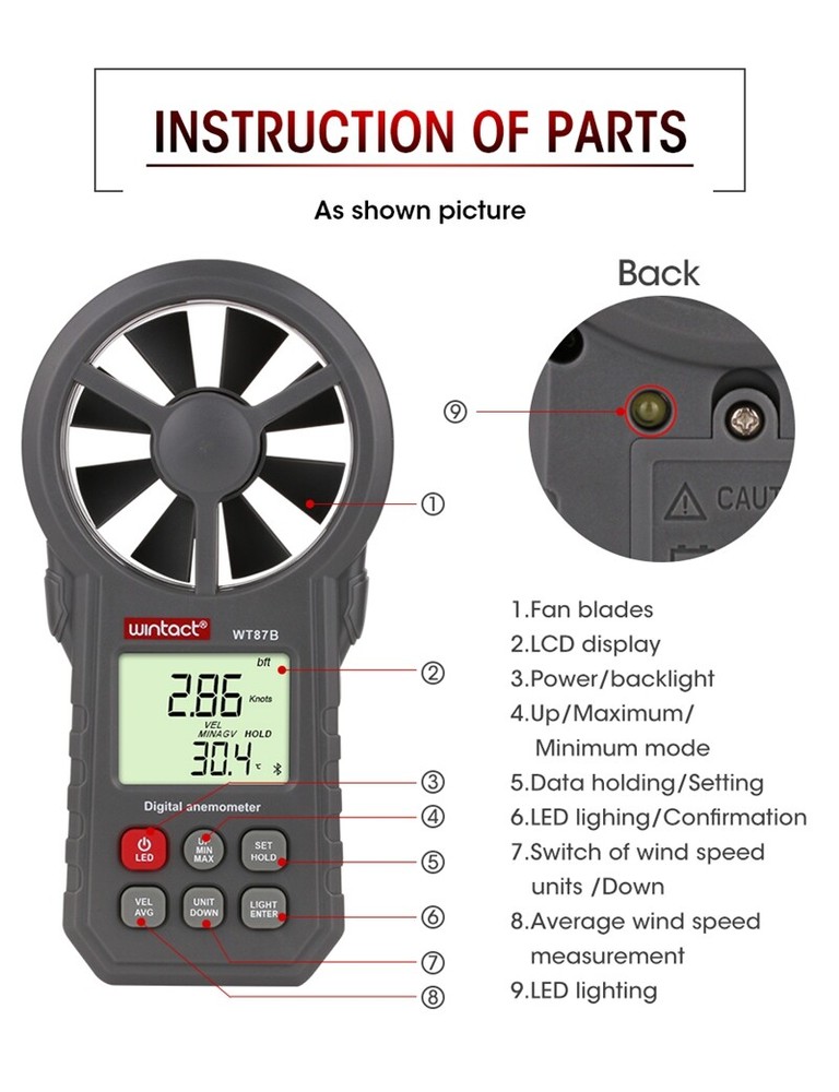 Anemometer Air Velocity Wind Speed Temperature Test Meter 2in1 USB Bluetooth App