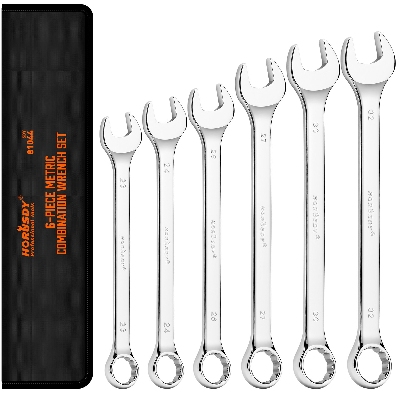 6PC Large Wrench Set with Rolling Pouch 23, 24, 26, 27, 30, 32mm 12 Point 15°