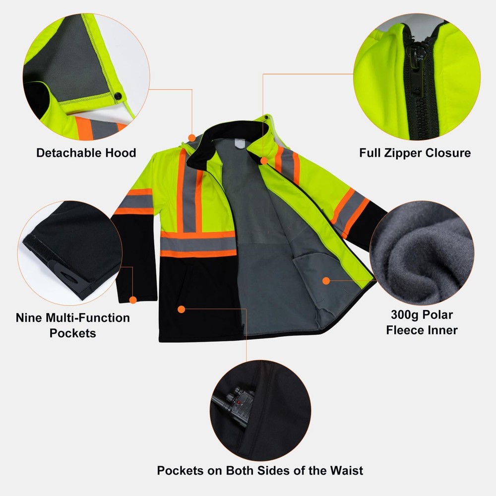 Hi Vis Reflective Jacket ANSI Class 3 with Soft Shell Waterproof Windproof Co...
