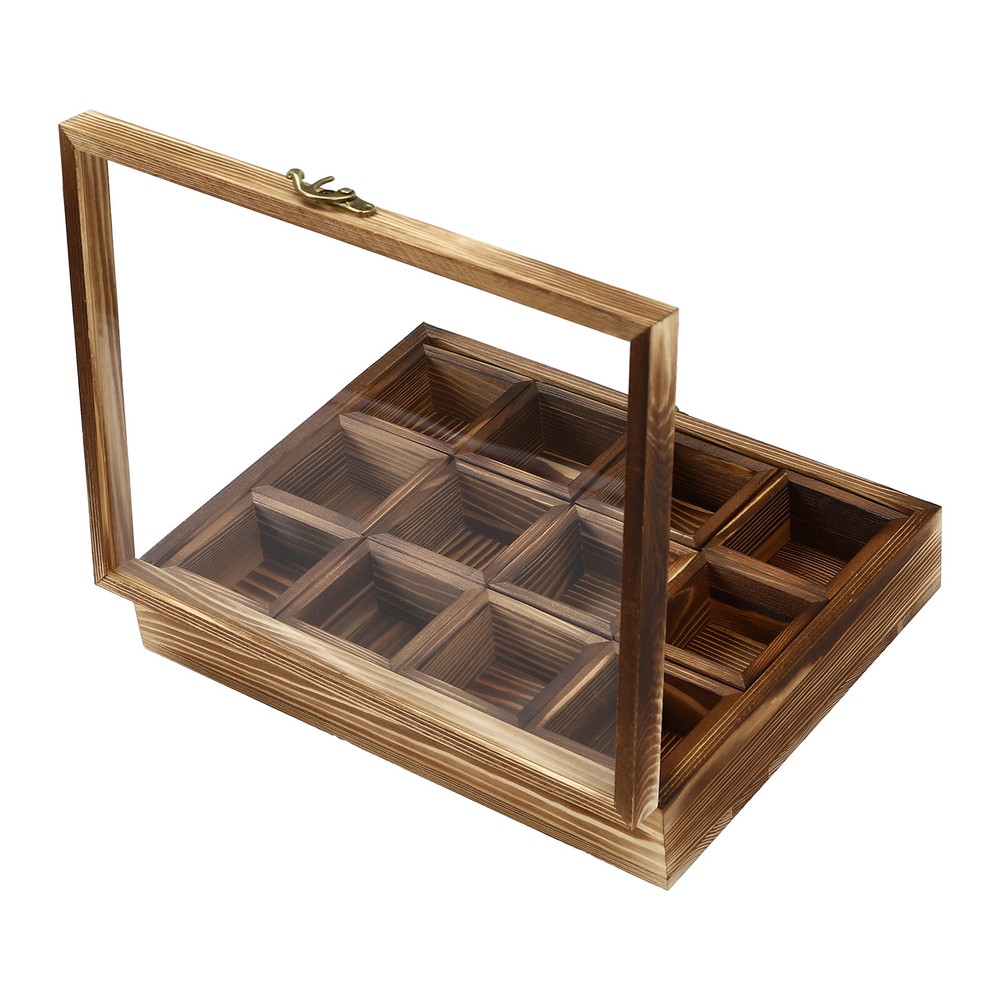 12-Compartment Wooden Spice Box with Spoon - Elegant Kitchen Storage Solution