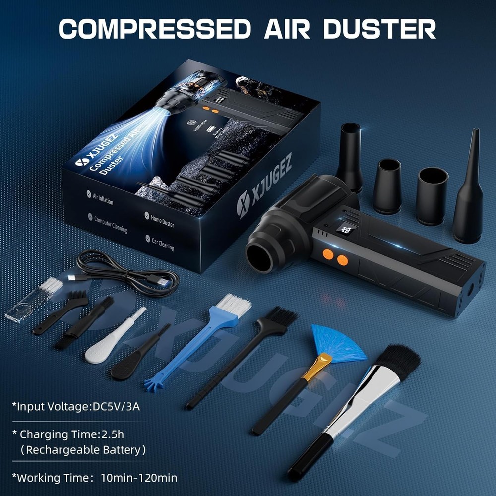 Compact Compressed Air Duster - 4 Adjustable Levels & LED Light for All Surfaces