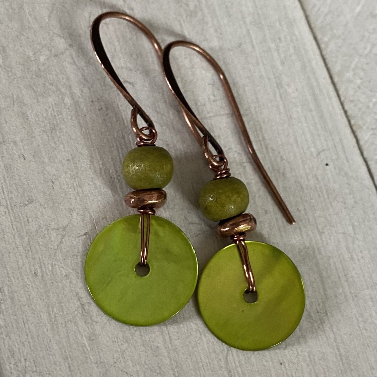 Min Favorit Lime Green MOP Shell, Wood & Antique Copper Artisan Earrings