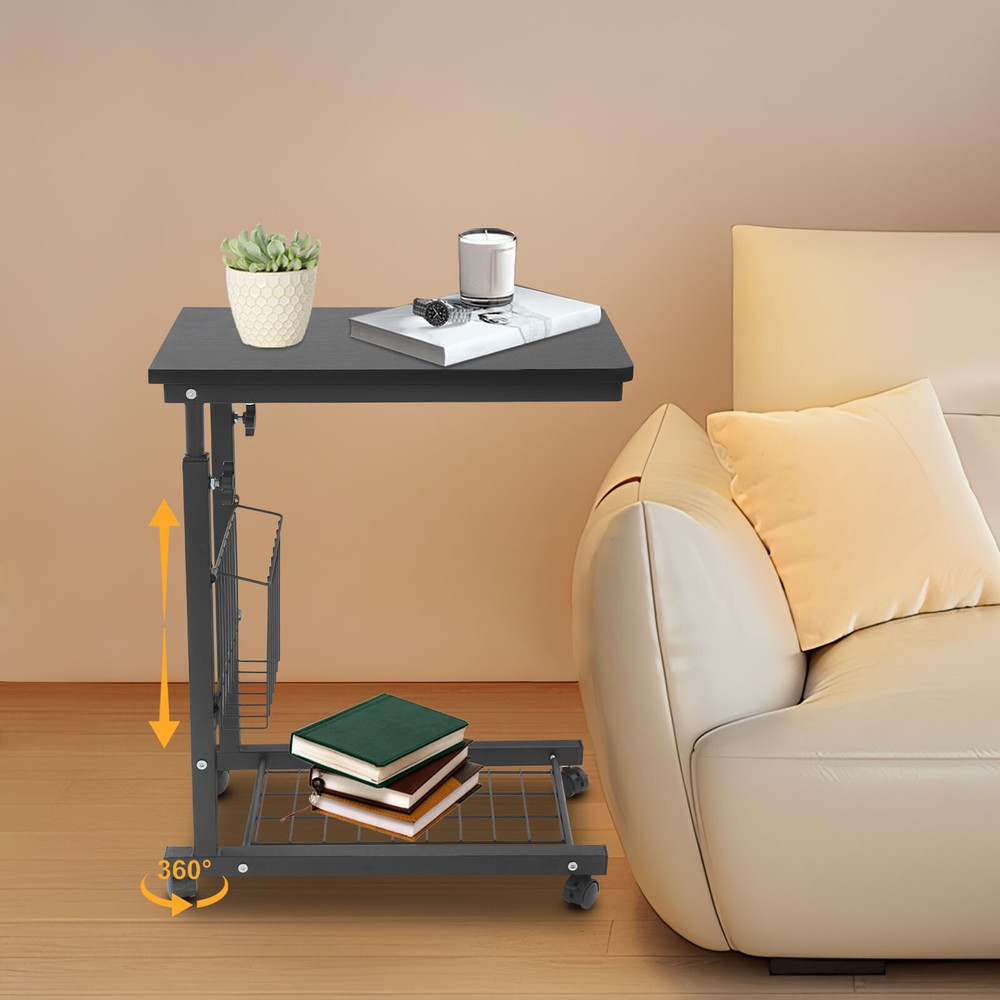 2 Tiers Adjustable Bed Side Table Thickened Mobile Standalone Table w/ Wheels