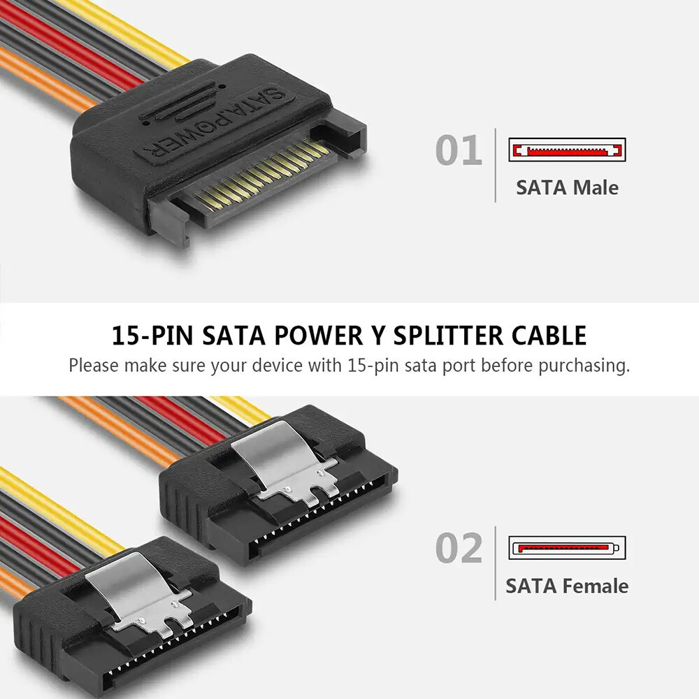 2x SATA Power 15 Pin Y Splitter Cable Adapter Male to Female SSD HDD Hard Drive