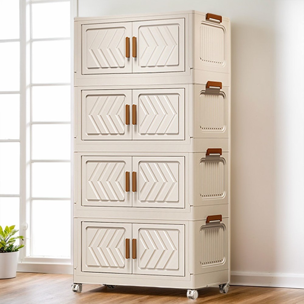 (White)4 Tier Stackable Storage Bins with Lids Doors Wheels Storage Drawer (Whit
