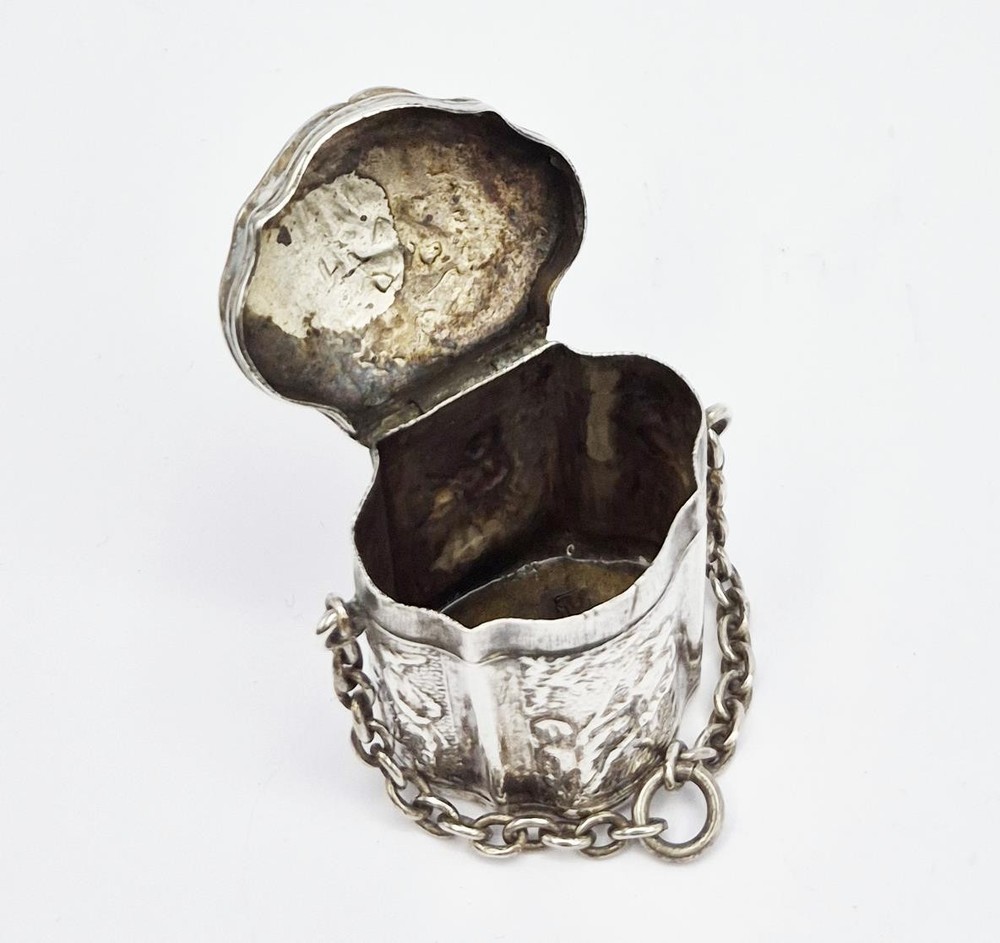 19TH CENTURY DUTCH SOLID SILVER REPOUSSE CHATELAINE MINT BOX