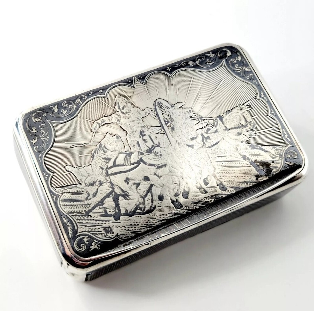 1874 IMPERIAL RUSSIAN NIELLO SOLID SILVER CIGARETTE CASE 84 WITH TROIKA SCENE