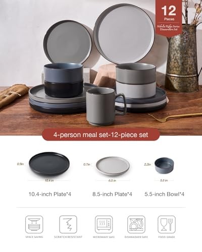 Nebula Ridge Stoneware Dinnerware Sets, Plates and Bowls Set(12pcs) Multicolor