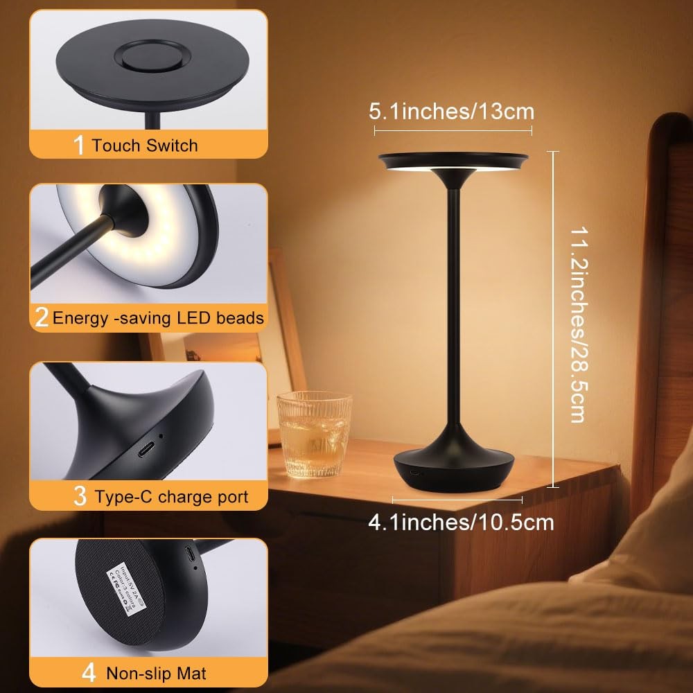 Cordless Rechargeable LED Table Lamp, Dimmable Touch Control, 3 Color, Black
