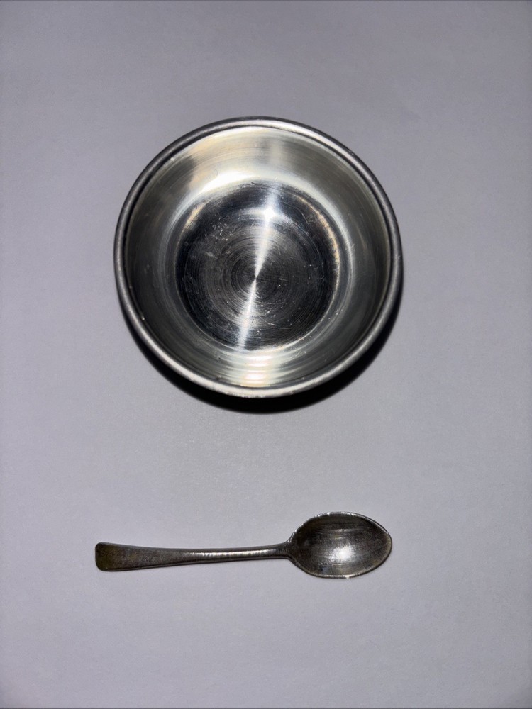 Vintage Open Salt Cellar & Tiny Spoon Woodbury Pewter