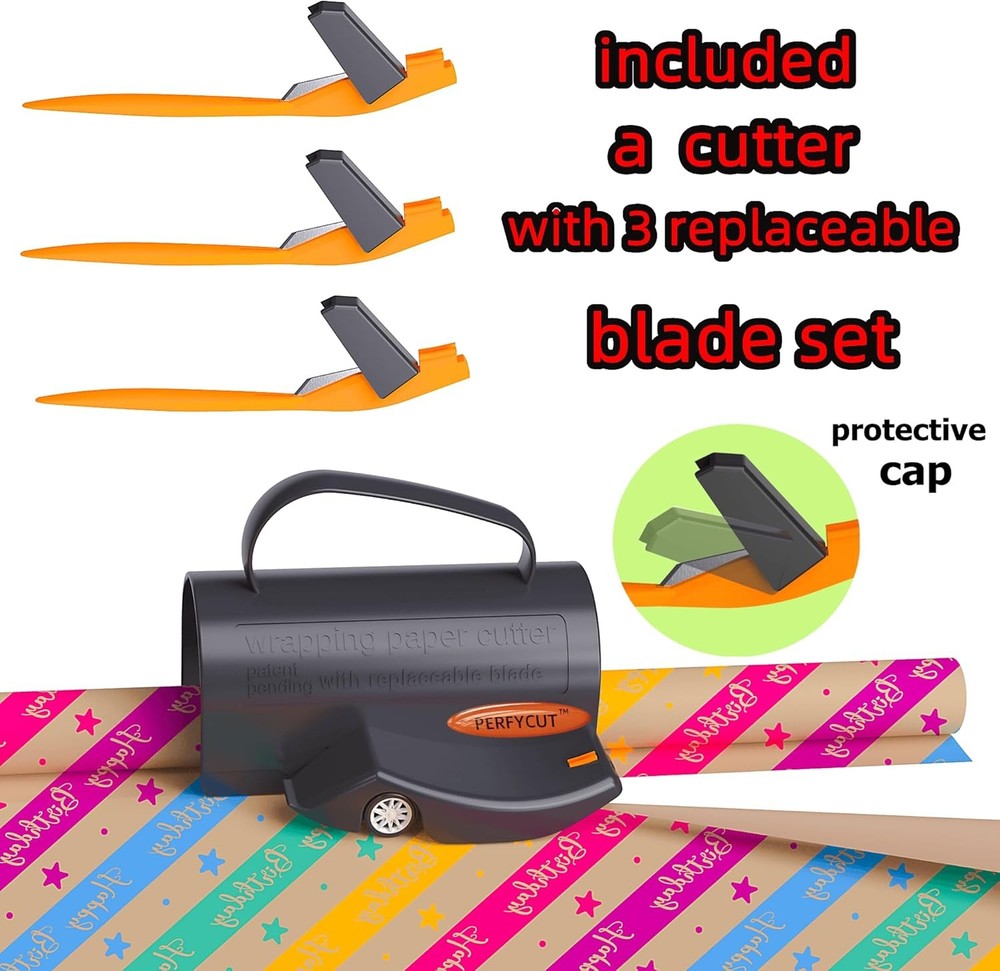 Wrapping Paper Cutter with 3 Replaceable Blade Sets for Birthday Paper Gift Wrap