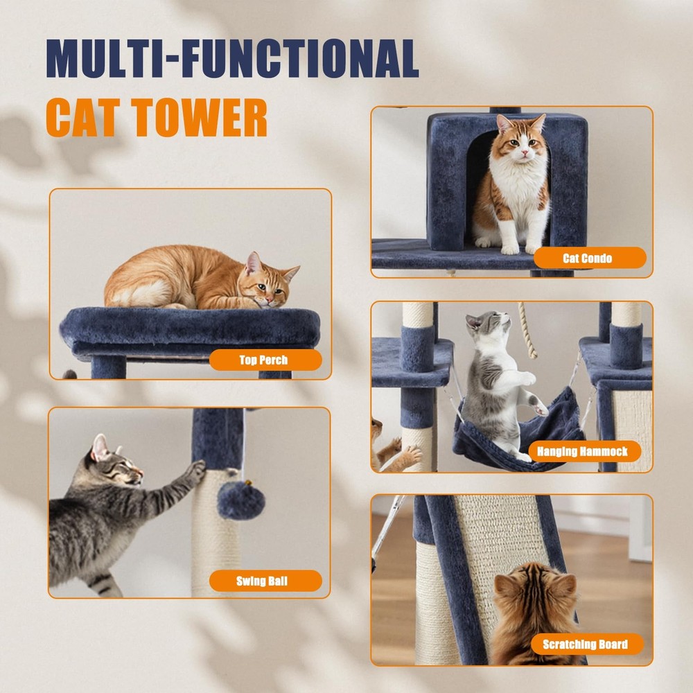 Large 63in Cat Tree Tower, Multi Level Cat Climbing Tower with Condo, Natural...