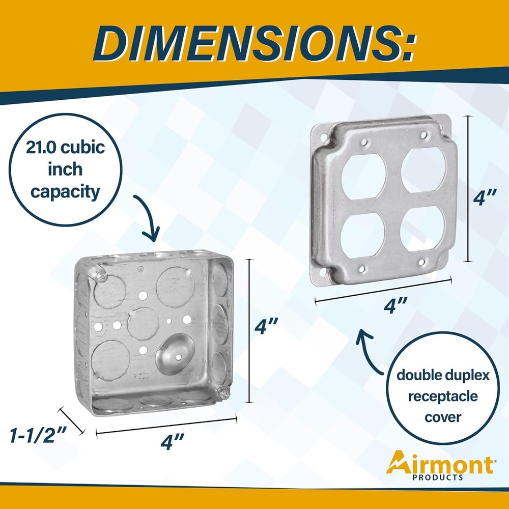 Outlet Box Kit, Includes 4x4'' Drawn Metal Duplex Receptacle Silver