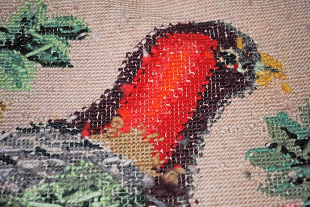 VINTAGE NEEDLEPOINT TAPESTRY PANEL, LARGE BIRD ON BRANCH