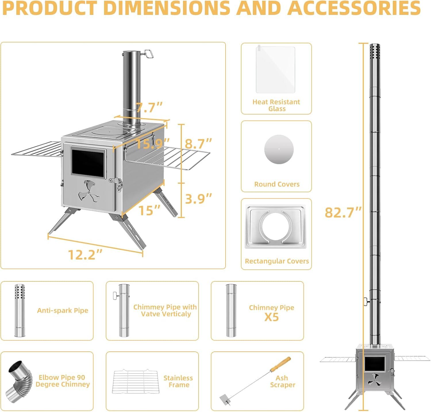 NAIZEA Folding Hot Tent Stove with 7 Section Chimney Pipes for HikingBackpacking