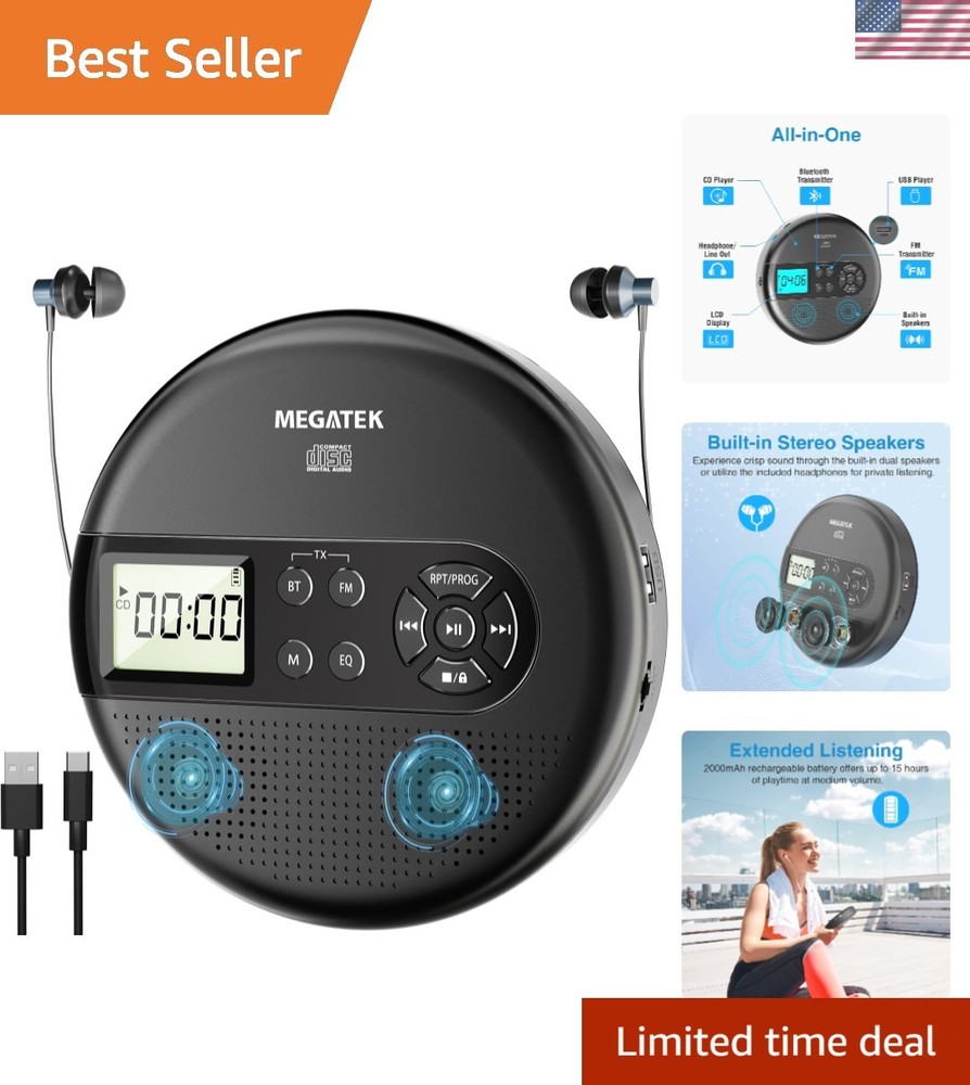 Portable Bluetooth CD Player for Car with FM Transmitter & Rechargeable Battery