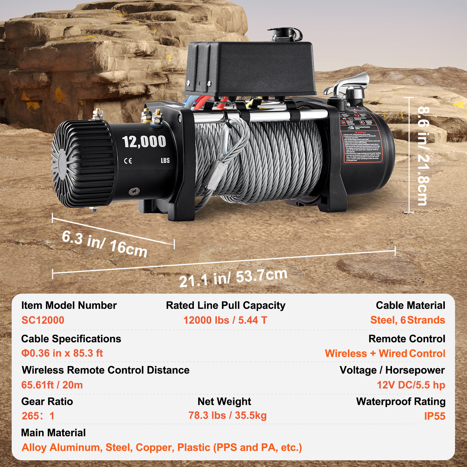 VEVOR Electric Winch Truck 12,000 lb Steel Cable IP55 Waterproof Remote Control