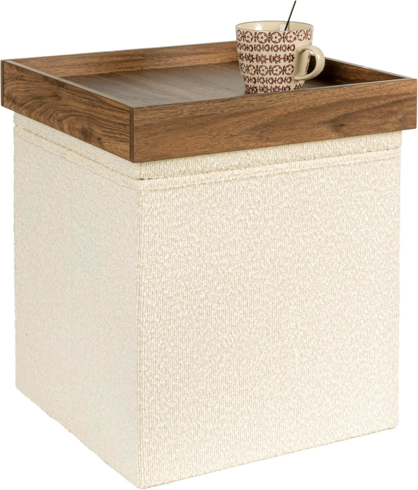 Versatile Boucle Ottoman with Hidden Storage, Cream