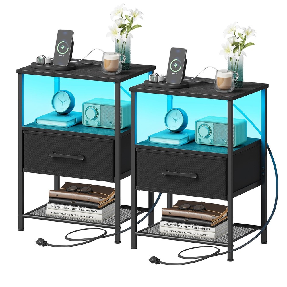 Night Stand Set 2, End Table with Charging Station, LED Bedside Table with Fa...